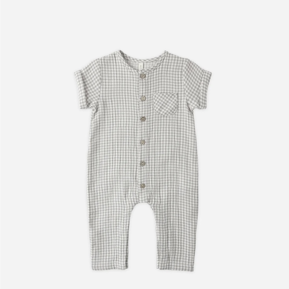 Quincy Mae Gingham Short-Sleeve Button Romper - Light Gray